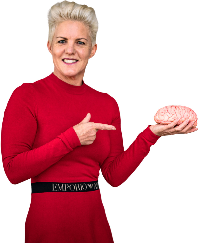 Lauren on stage pointing to brain